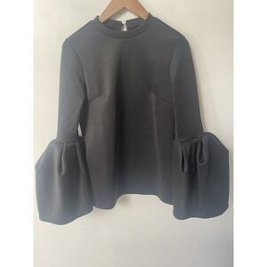 Designer Womens Black Ruffle Sleeve Blouse XS Black 3/4 Sleeve RTR Cocktail Top